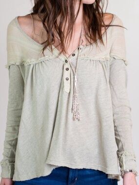 We The Free Down Under Henley Olive Green Long-Sleeve Henley Top cotton/linen XS